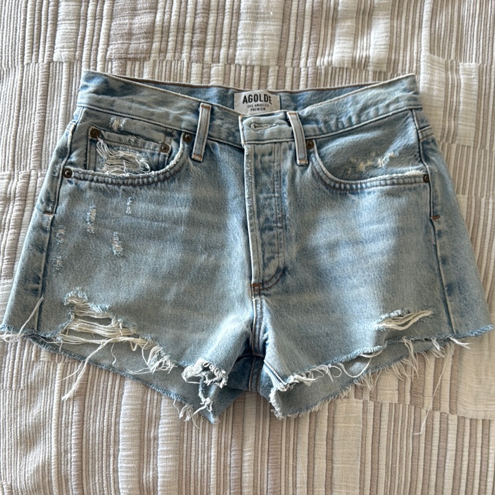 Agolde Light Wash Distressed Denim Jean Shorts